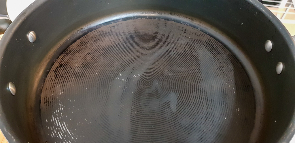 A slightly-stained frying pan.