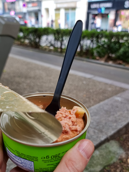 A tin of tuna in Montmartre. In Europe, tins of flavoured tuna are actually large enough to nourish a standard sized human.