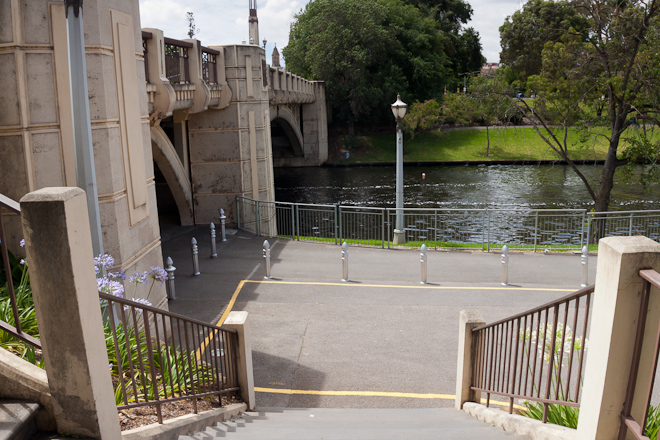 After crossing the water it was down the stairs and under the bridge and along the Torrens the rest of the way to North Terrace.