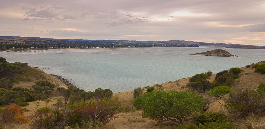 Saturday morning, balmy and cloudy, a view over Encounter Bay after a sunrise drive through the backroads and hills.