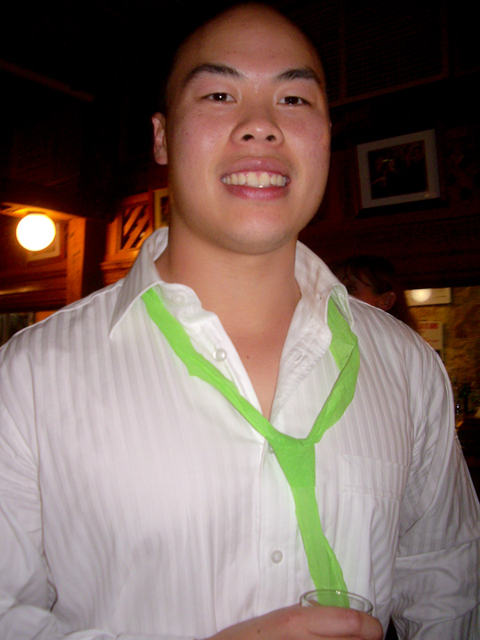 Chow traded his nice lavender tie for a green streamer tie, perhaps to distract people away from his secret cone head.
(Chow Photo of the Day)